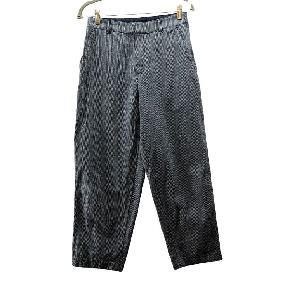 Uniqlo Linen Cotton Tapered Trouser Womens S‎ Blue White Striped High Rise